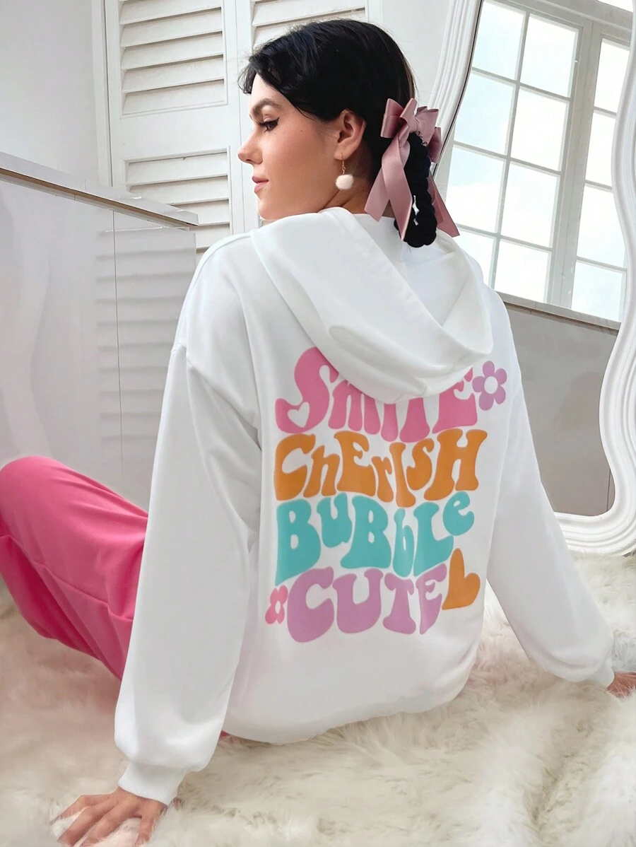 SHEIN EZwear Áo nỉ cỡ lớn in chữ, kiểu vai rớt. - trắng - Xem 1