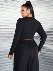 Flirla 大碼星星印花短款T恤 - 黑色 - 查看 2