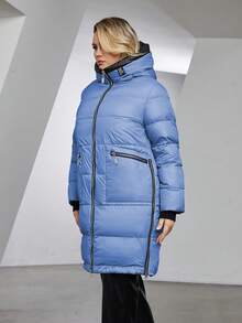 拉链连帽夹棉大衣 - 藍色 - 查看 4