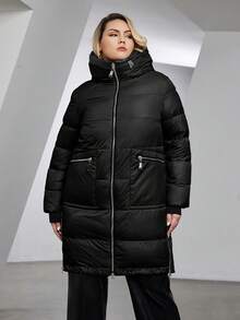 Astrid Plus Zip Up Hooded Padded Coat - Black - View 4