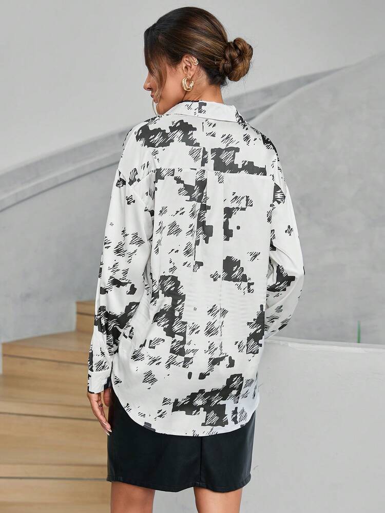 Random Print Button Front Shirt Fall Cloth For Women