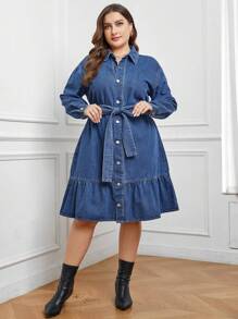 SHEIN LUNE Hơn Nút phía trước Xù Hoa Sen Thắt lưng Đầm Denim - Rửa trung bình - Xem 1