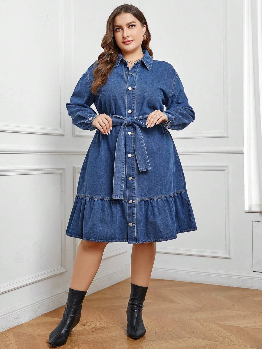 SHEIN LUNE Hơn Nút phía trước Xù Hoa Sen Thắt lưng Đầm Denim - Rửa trung bình - Xem 1