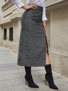 EURMUSE High Waist Plaid Pattern Split Thigh Tweed Skirt - Black - View 1