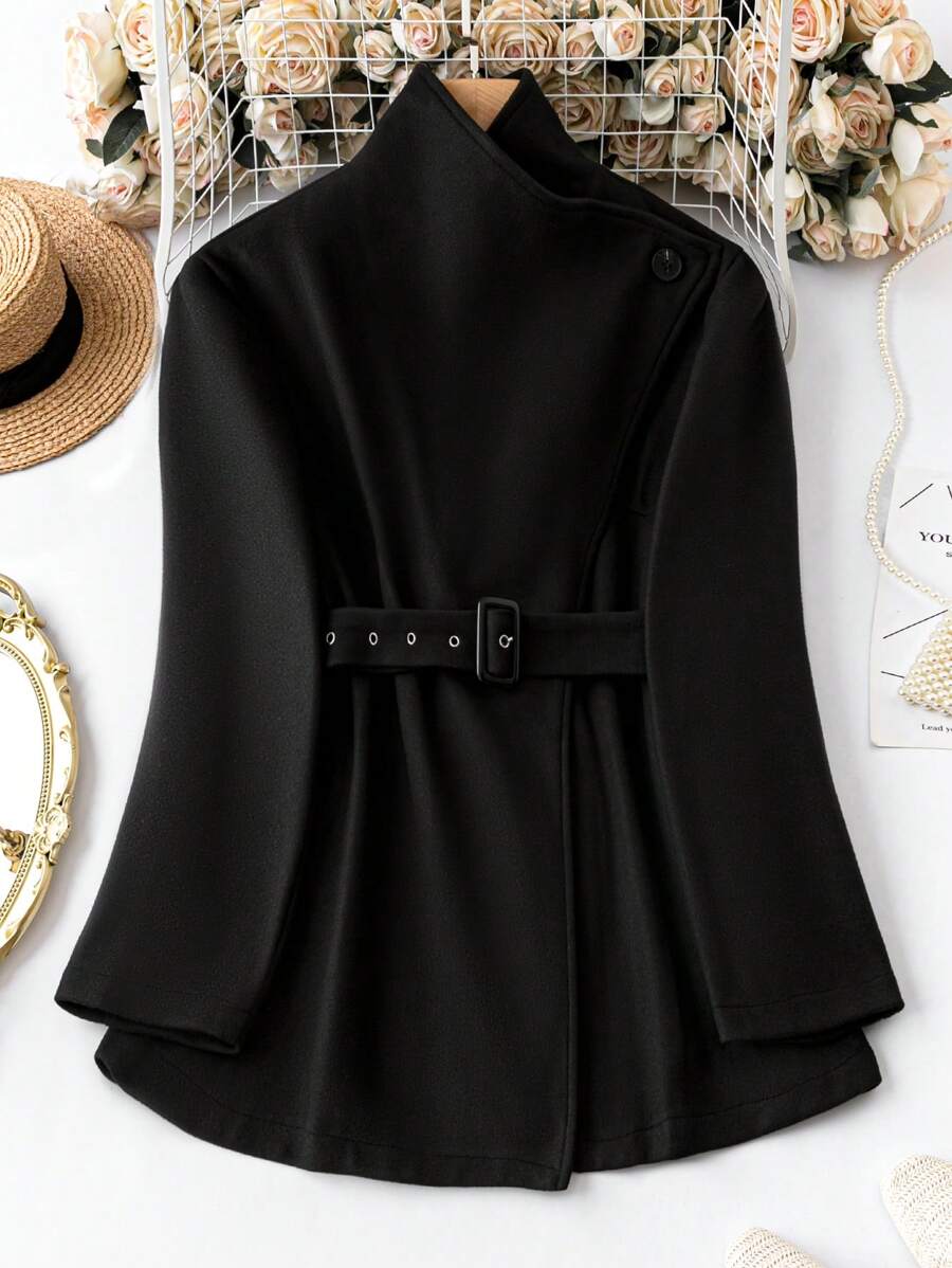 SHEIN LUNE Plus Solid Belted Overcoat - Black - View 1