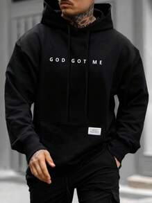 Manfinity Nam Đồ họa Chữ cái Chi tiết được vá Túi kangaroo Dây rút Hoodie - màu đen - Xem 1