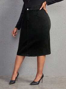 SHEIN SXY Plus High Waist Denim Skirt - Black - View 3