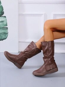 Women's Mid-calf Brown Ruched Flat Boots - Brown - View 6