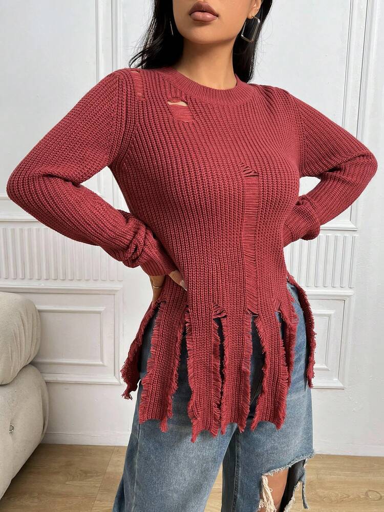 Ripped Fringe Hem Ribbed Knit Pullover Fall Winter Sweater