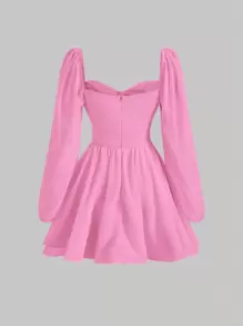 SHEIN MOD Sweetheart Neck Lantern Sleeve Ruched Bust Flare Hem Date Night Pink Dress - Hot Pink - View 2