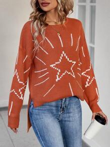 Chiquease Star Pattern Drop Shoulder Knit Pullover Fall Winter Sweater - Brown - View 4