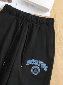 SHEIN EZwear 字母圖案加絨內裏運動衫&腰部抽繩衛褲 - 黑色 - 查看 4