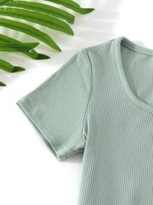 SHEIN Tween Girl Knitted Solid Color Street Style Short Sleeved Bodysuit, Light Green, Spring/Summer Summer Holiday - Mint Green - View 3
