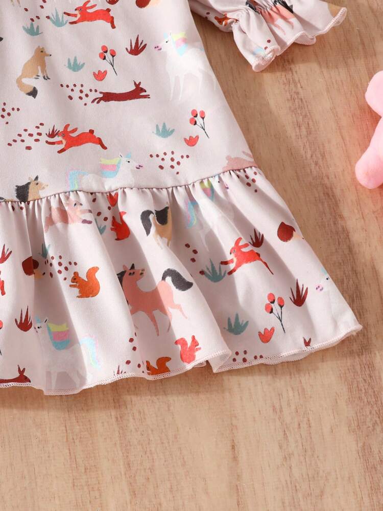 Young Girl Cartoon Graphic Ruffle Trim Flounce Sleeve Dress