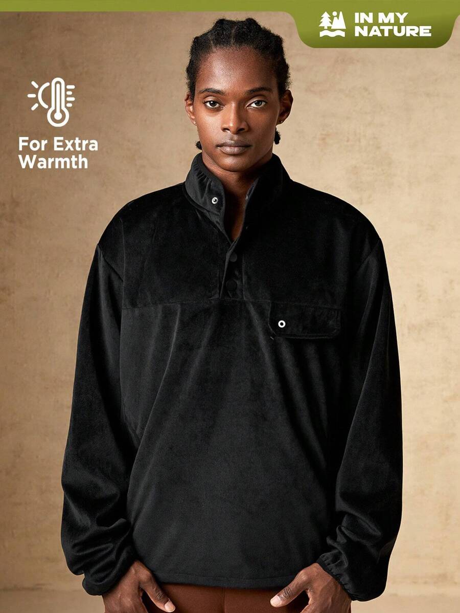In My Nature Men Flap Detail Half Button Placket Velvet Sweatshirt