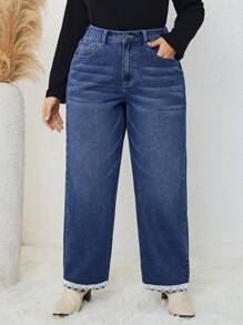 SHEIN LUNE 大碼蕾絲拼接直筒牛仔褲 - 中等水洗藍 - 查看 1