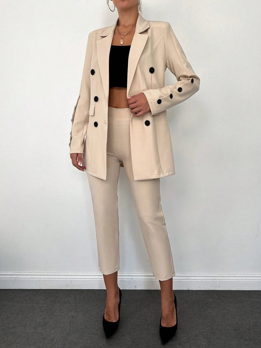 Elegant Double-Breasted Notched Lapel Long Sleeve Blazer And Straight Leg Pants Suit - Beige - View 1