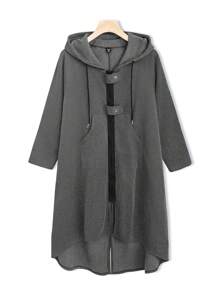 SHEIN LUNE Plus Zip Up Drawstring Hooded High Low Hem Coat - Dark Grey - View 1