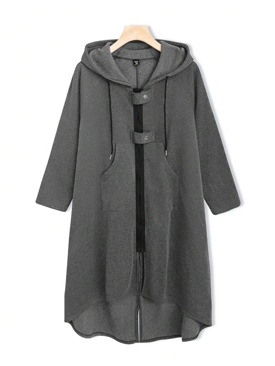 SHEIN LUNE Plus Zip Up Drawstring Hooded High Low Hem Coat - Dark Grey - View 1