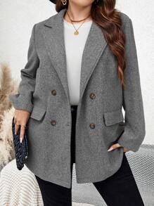 SHEIN LUNE 大碼西裝領雙排釦西裝外套 - 灰色 - 查看 1