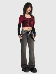 ROMWE Grunge Punk Figure & Slogan Graphic Crop 2 in 1 Tee - Red - View 6