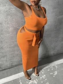 Slaydiva Plus Solid Crop Knit Top & Belted Knit Skirt - Orange - View 5