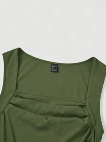 SHEIN MOD Chất rắn Xù Tách đùi Đầm - xanh quân đội - Xem 3