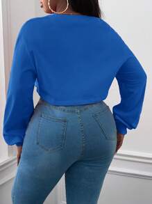 Slaydiva 大碼字母圖案落肩袖短款運動衫 - 寶藍色 - 查看 2