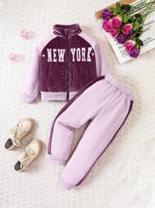 Young Girl Letter Embroidery Raglan Sleeve Jacket & Sweatpants - Mauve Purple - View 1