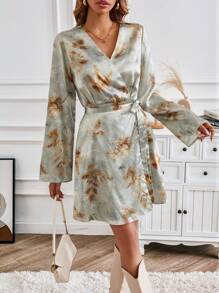 GENKIRA Floral Print Knot Side Wrap Dress Fall Cloth For Women - Multicolor - View 4