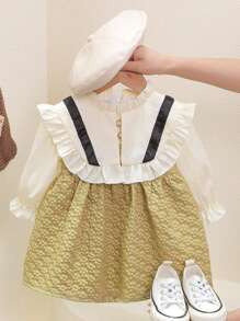Young Girl Ruffle Trim Flounce Sleeve 2 In 1 Dress - Mustard Yellow - View 3