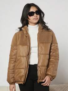 Abrigo acolchado con panel de peluche en contraste, bolsillo inclinado para niña adolescente - Camel - Ver 1