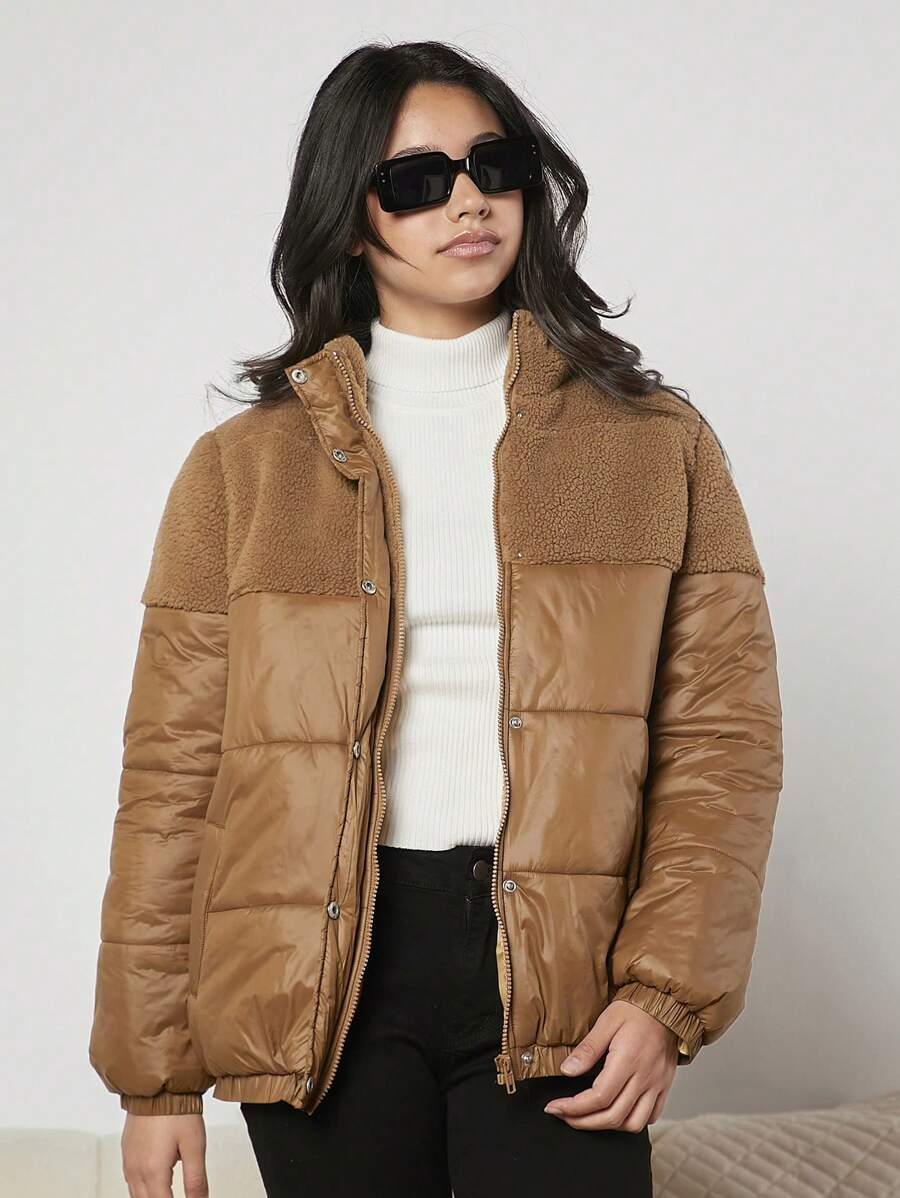Abrigo acolchado con panel de peluche en contraste, bolsillo inclinado para niña adolescente - Camel - Ver 1