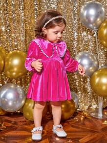 SHEIN Baby Girl Statement Collar Lantern Sleeve Velvet Dress - Hot Pink - View 7