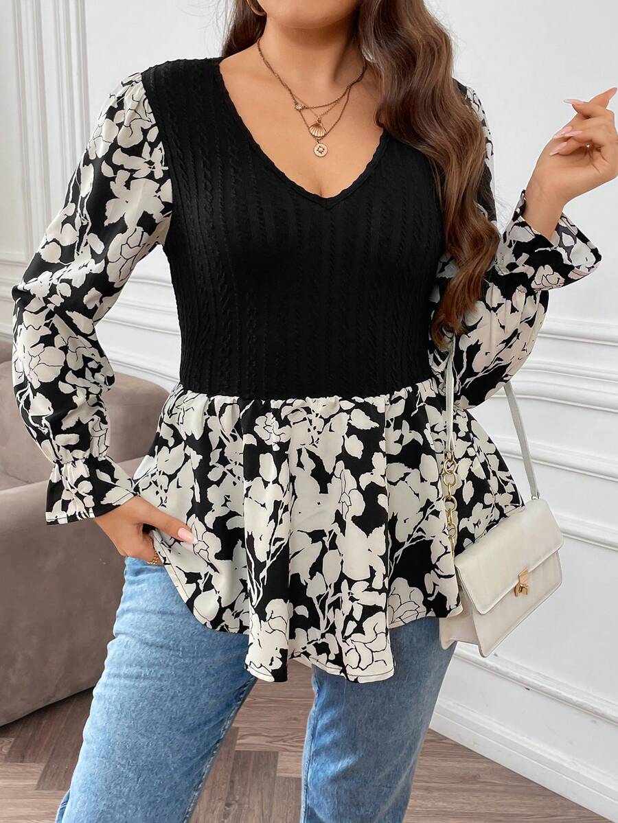 SHEIN Franclia Hơn In hoa tay áo lá sen Áo Peplum - màu đen - Xem 1