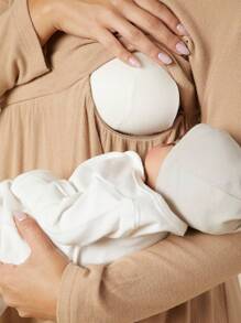 SHEIN Maternity Solid High Neck Nursing Smock Dress - Khaki - View 4