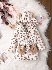 Baby Girl Cow Pattern 3D Ear Design Hooded Belted Flannel Robe - White - View 1