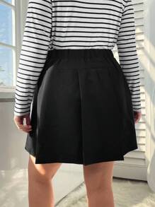 SHEIN MOD 大碼高腰搭扣細節百褶半身裙 - 黑色 - 查看 2