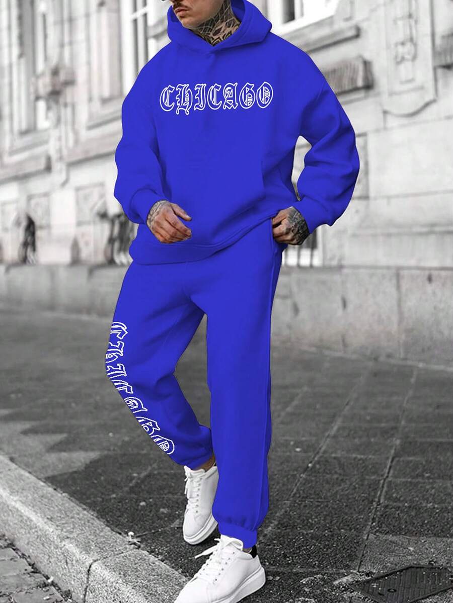 Manfinity LEGND Nam Đồ họa Chữ cái Dây rút Áo Hoodie & Quần thể thao - Màu xanh lam - Xem 1