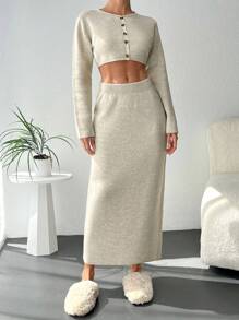 EURMUSE 正面鈕扣短款 T 恤和半身裙 - 米色 - 查看 5