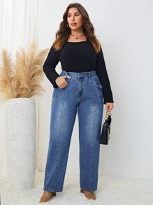 SHEIN LUNE 大碼高腰側翻蓋口袋牛仔褲 - 藍色 - 查看 1