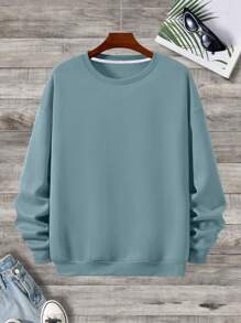 男士大码素色加絨內裏運動衫 - 霧霾藍 - 查看 1