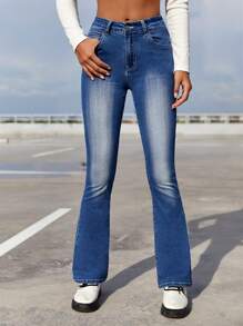 SHEIN ICON Letter Graphic Flare Leg Jeans - Medium Wash - View 4
