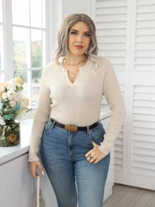 Calvaya Talla grande Jersey de cuello notch tejido de canalé