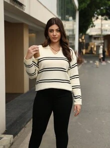 Calvaya Plus Striped Pattern Drop Shoulder Sweater Knit Pullover Fall Winter Sweater - Apricot - View 4