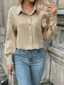 SHEIN Essnce Drop Shoulder Button Front Shirt - Apricot - View 4