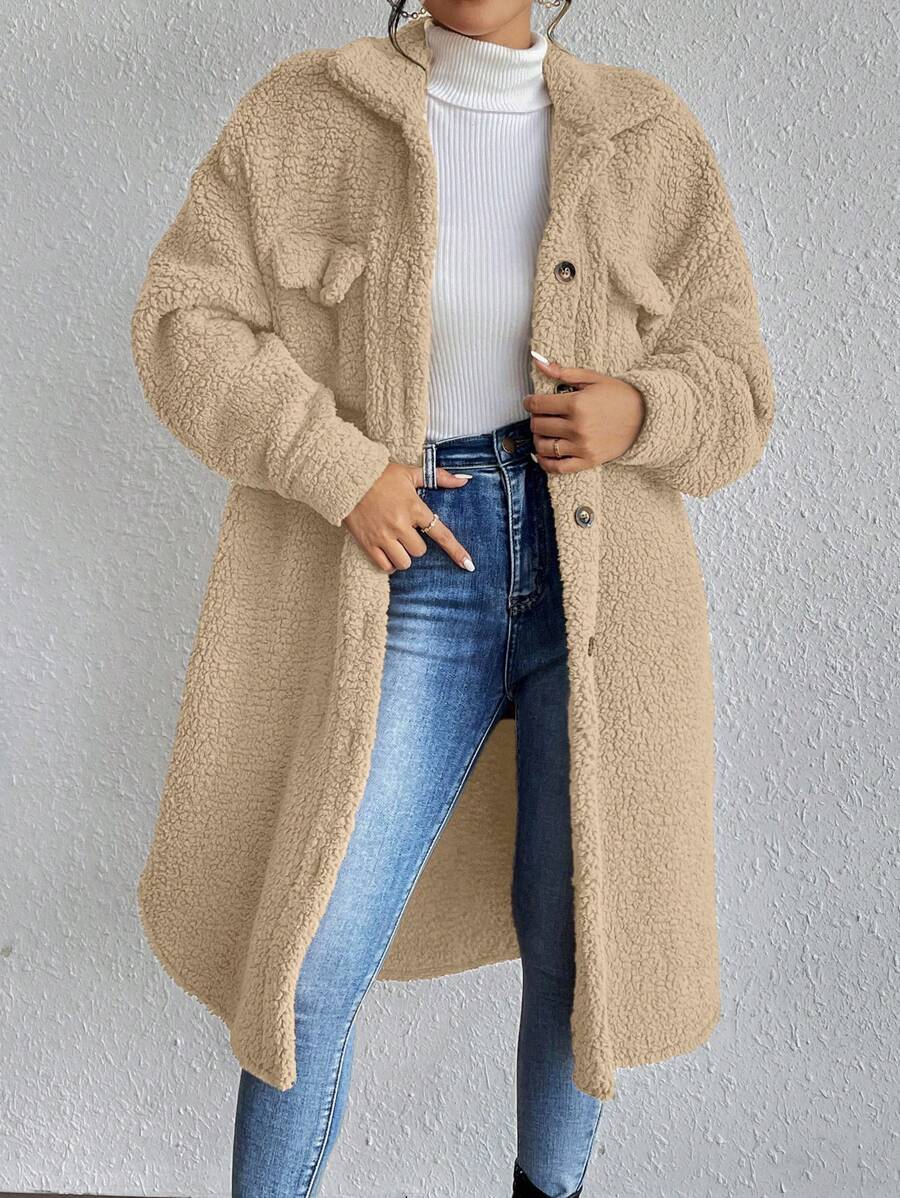 Chiquease Thả vai Chi tiết về Flap Áo khoác Teddy - Màu be - Xem 1