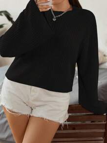 Flirla Plus Ribbed Knit Drop Shoulder Sweater, For Winter Knit Pullover Fall Sweater - Black - View 5