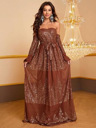 YISIKADO 一字肩腰帶亮片舞會洋裝