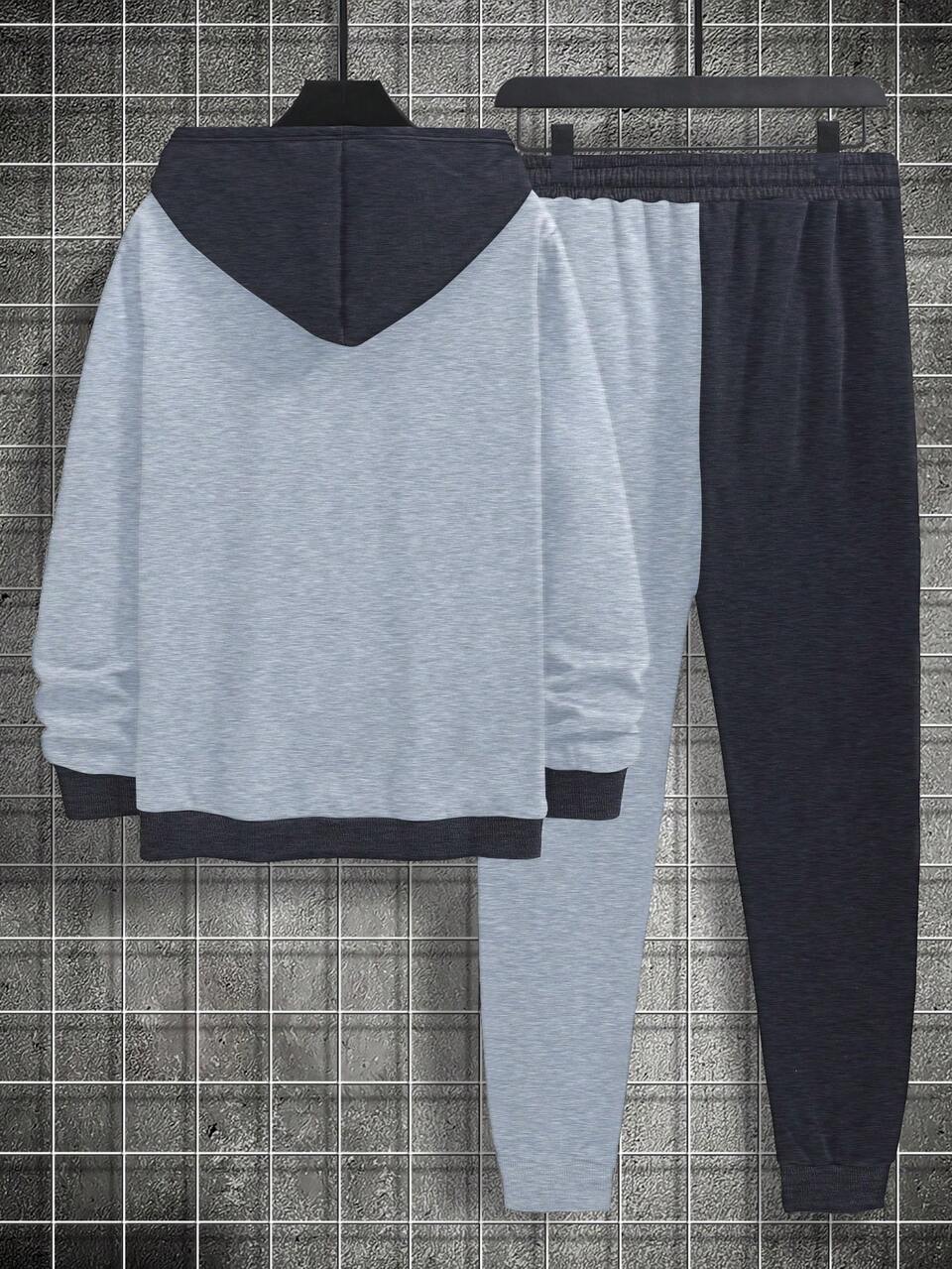 Men Plus Slogan Graphic Drawstring Hoodie & Sweatpants